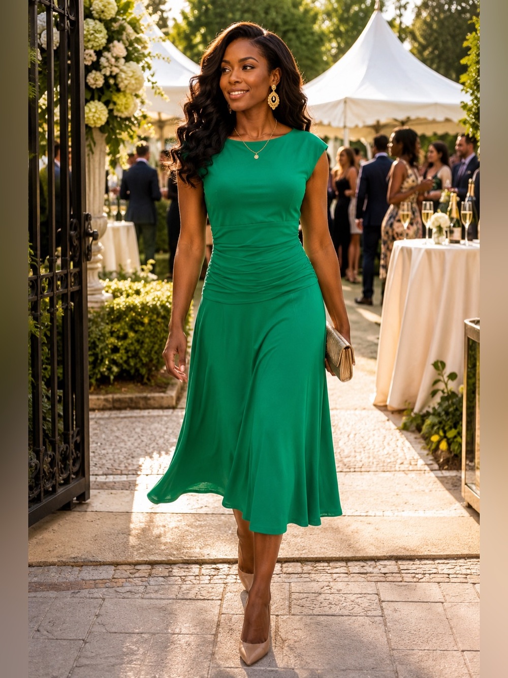 American Living Kelly Green Ruched Waist Midi Dress Women’s Size 12